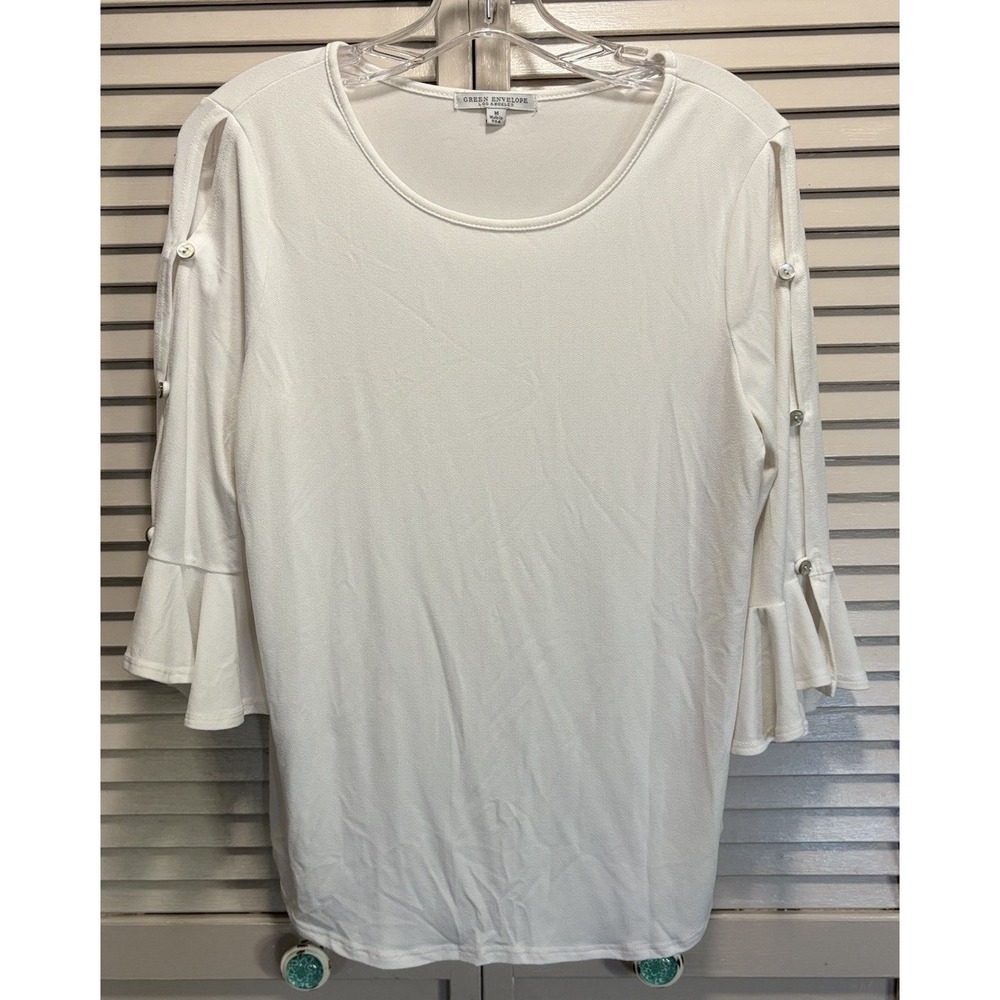 Green Envelope White Blouse Size M 3/4 Open Button Sleeves Ruffle